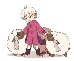  1boy :&lt; ahoge bangs bede_(pokemon) blonde_hair boots brown_footwear closed_mouth coat commentary curly_hair eyelashes flying_sweatdrops gen_8_pokemon leggings long_sleeves male_focus pokemon pokemon_(creature) pokemon_(game) pokemon_swsh purple_coat purple_eyes ssalbulre standing white_background white_legwear wooloo 