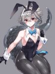 1boy animal_ears arm_support bare_shoulders bow bowtie commentary_request covered_navel detached_collar dragon_tail eyebrows_visible_through_hair fake_animal_ears fate/apocrypha fate_(series) gloves grey_background grey_hair hair_between_eyes hairband haoro highres leotard looking_at_viewer pantyhose playboy_bunny rabbit_ears red_eyes short_hair sieg_(fate) simple_background sitting solo strapless strapless_leotard tail wrist_cuffs 