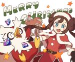  1boy 1girl :d belt blue_eyes blush_stickers bright_pupils brown_hair buttons capelet commentary delibird double_bun eyelashes floating_hair fur-trimmed_capelet fur-trimmed_headwear fur_trim gem gen_2_pokemon hat long_hair merry_christmas octillery official_alternate_costume open_mouth pokemon pokemon_(creature) pokemon_(game) pokemon_masters_ex red_capelet red_headwear rosa_(pokemon) sack santa_hat siebold_(pokemon) smile ssalbulre star_(symbol) tongue white_pupils 