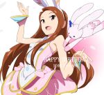  1girl :d animal_ears bare_shoulders birthday bow breasts brown_eyes brown_hair character_name commentary dress english_text fake_animal_ears gradient gradient_background hairband hand_up idolmaster idolmaster_(classic) long_hair minase_iori open_mouth pink_background pink_bow pink_dress rabbit_ears raised_eyebrows shino_(comic_penguin_club) small_breasts smile solo stuffed_animal stuffed_bunny stuffed_toy w_arms white_background 