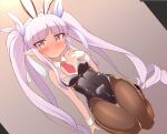  1girl animal_ears black_leotard bow bowtie brown_eyes detached_collar fake_animal_ears flat_chest high_heels kyouka_(princess_connect!) leotard light_purple_hair looking_at_viewer matatabi_(2ccp) pantyhose playboy_bunny pointy_ears princess_connect! purple_bow rabbit_ears side-tie_leotard solo twintails wrist_cuffs 