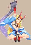  1girl :d armpits banner beige_background bikini black_bikini blonde_hair earrings facial_mark fate/grand_order fate_(series) galahad_01 hand_on_hip horns ibaraki_douji_(fate) ibaraki_douji_(swimsuit_lancer)_(fate) japanese_clothes jewelry kimono long_hair looking_at_viewer navel oni_horns open_clothes open_kimono open_mouth red_nails sandals sharp_toenails simple_background smile solo spread_legs squatting swimsuit tattoo teeth toenails yellow_eyes 