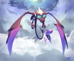  absurdres black_eyes commentary evolutionary_line eye_contact flying gen_6_pokemon highres likey looking_at_another no_humans noibat noivern outdoors pokemon pokemon_(creature) signature 
