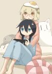  2girls animal_pillow barefoot black_hair blonde_hair blue_dress blue_eyes braid cat_pillow chin_on_head closed_mouth commentary_request dress egg food food_on_head glasses head_rest highres hug hug_from_behind long_hair multiple_girls mushroom nintendo_switch no_pupils object_on_head open_mouth pajamas pink_dress playing_games semi-rimless_eyewear shimeji_simulation sitting tsukushima_shijima twin_braids under-rim_eyewear v-shaped_eyebrows yamashita_majime yellow_eyes yoyohachi yuri 