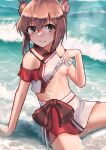  1girl arm_support bob_cut breasts brown_eyes brown_hair bun_cover chinese_clothes clothes_lift commentary double_bun highres kantai_collection lifted_by_self looking_at_viewer midriff multicolored multicolored_clothes nipples ocean owada_(kousonhuchi) partially_submerged red_skirt ribs saliva saliva_trail shirt shirt_lift short_hair sitting skirt sleeveless sleeveless_shirt small_breasts solo tan_yang_(kancolle) textless translated two-tone_skirt waves white_skirt yukikaze_(kancolle) 