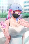  1girl air_pods aqua_nails bangs baseball_cap black_bra blue_headwear blunt_bangs blurry blurry_background blush bra braid breasts cardigan cellphone cleavage collarbone commentary_request covered_mouth day depth_of_field frikulu hat highres holding holding_phone hololive impossible_clothes impossible_shirt large_breasts long_hair long_sleeves looking_at_viewer mask minato_aqua mouth_mask multicolored_hair nail_polish open_cardigan open_clothes outdoors phone pink_cardigan pink_hair purple_eyes purple_hair see-through shirt smartphone solo twin_braids two-tone_hair underwear upper_body white_shirt wiping_sweat 