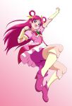  1girl :d arm_up bike_shorts bow cure_dream detached_sleeves earrings floating_hair fuchi_(nightmare) full_body gradient gradient_background hair_bow jewelry kneehighs long_hair miniskirt open_mouth pink_background pink_footwear pink_shirt precure purple_eyes purple_shorts red_hair shiny shiny_hair shiny_skin shirt short_sleeves shorts shorts_under_skirt sketch skirt smile solo tied_hair very_long_hair white_background white_skirt yellow_bow yellow_legwear yellow_sleeves yes!_precure_5 yes!_precure_5_gogo! yumehara_nozomi 