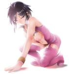  1girl black_hair boots breasts breasts_outside commentary idolmaster idolmaster_(classic) kikuchi_makoto kneeling medium_breasts nipples open_clothes open_shirt pink_diamond_765_(idolmaster) shino_(comic_penguin_club) shirt short_hair solo sweat thigh_boots thighhighs underwear 