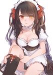  1girl apron artist_name bangs black_hair black_legwear blunt_bangs bow breasts choker cleavage clock_eyes commentary_request date_a_live dated dressing esther_0418 hair_bow heterochromia highres large_breasts long_hair looking_at_viewer maid maid_apron maid_headdress open_mouth photoshop_(medium) red_eyes single_thighhigh solo symbol-shaped_pupils thighhighs thighs tokisaki_kurumi twintails very_long_hair yellow_eyes 