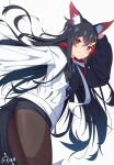  1girl absurdres animal_ears black_hair dunggeul_dunggeul eyebrows_visible_through_hair from_behind highres hololive hood hoodie long_hair ookami_mio orange_eyes pantyhose shorts signature smile tail thighs virtual_youtuber white_background wolf_ears wolf_tail 