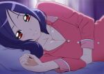  1girl bangs bed_sheet bedroom blurry blurry_background blush breasts cleavage closed_mouth collarbone curtains fresh_precure! fuchi_(nightmare) higashi_setsuna indoors long_hair long_sleeves looking_at_viewer lying medium_breasts on_bed on_side pajamas parted_bangs pillow pink_shirt precure purple_hair red_eyes shiny shiny_hair shirt smile solo 