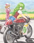  2girls ass ass_focus blonde_hair bow collared_shirt colored_pencil_(medium) denim dress elly_(touhou) green_hair ground_vehicle hat highres honda jeans kazami_yuuka kazami_yuuka_(pc-98) long_hair motor_vehicle motorcycle multiple_girls outdoors pants plaid plaid_vest red_eyes red_pond ribbon shirt short_hair short_sleeves smile touhou touhou_(pc-98) traditional_media vest wavy_hair white_shirt yellow_eyes 