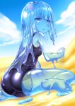  1girl ass bangs blue_slime breasts core day eyebrows_visible_through_hair highres long_hair monster_girl naka_(cheeseyeast) original outdoors school_swimsuit sitting slime_(substance) slime_girl small_breasts solo swimsuit wariza 