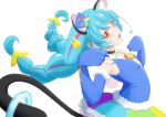  1girl :d animal_ear_fluff animal_ears blue_gloves blue_hair blue_headwear blue_jacket braid breasts cat_ears cat_tail collar collarbone cure_cosmo elbow_gloves eyelashes floating_hair from_side fuchi_(nightmare) fur-trimmed_gloves fur_trim gloves hat jacket long_hair looking_at_viewer mini_hat miniskirt multicolored multicolored_clothes multicolored_skirt open_mouth orange_eyes precure shiny shiny_hair simple_background skirt sleeveless sleeveless_jacket small_breasts smile solo standing star_twinkle_precure tail twin_braids twintails very_long_hair white_background yuni_(precure) 