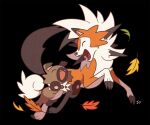  black_background closed_eyes commentary fangs gen_7_pokemon happy leaf lycanroc lycanroc_(dusk) no_humans open_mouth pokemon pokemon_(creature) rockruff simple_background ssalbulre toes tongue 