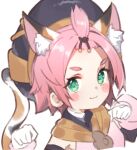  1girl :3 animal_ear_fluff animal_ears blush cat_ears cat_tail diona_(genshin_impact) emushake eyelashes genshin_impact green_eyes hat highres looking_at_viewer pink_hair simple_background tail thick_eyebrows tied_hair upper_body white_background 