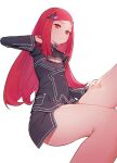  1girl airplane_hair_ornament bangs black_dress breasts cleavage cleavage_cutout clothing_cutout dress flat_chest highres last_origin long_hair looking_at_viewer neon.p night_angel_(last_origin) red_eyes red_hair simple_background solo swept_bangs thighs white_background 