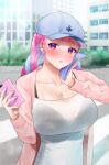  1girl air_pods aqua_nails bangs baseball_cap black_bra blue_headwear blunt_bangs blurry blurry_background blush bra braid breasts cardigan cellphone cleavage collarbone commentary_request day depth_of_field frikulu hat highres holding holding_phone hololive impossible_clothes impossible_shirt large_breasts long_hair long_sleeves looking_at_viewer minato_aqua multicolored_hair nail_polish open_cardigan open_clothes outdoors parted_lips phone pink_cardigan pink_hair purple_eyes purple_hair see-through shirt smartphone solo twin_braids two-tone_hair underwear upper_body white_shirt wiping_sweat 