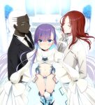  1girl 2boys black_neckwear black_suit blue_eyes blush bow closed_eyes closed_mouth coat cornrows cowboy_shot crotch_plate dark_skin emiya_alter fate/grand_order fate_(series) formal furrowed_brow hair_bow holding_hands long_hair looking_at_viewer meltryllis_(fate) multiple_boys necktie nyakelap partially_visible_vulva purple_hair red_hair revealing_clothes smile spikes suit tristan_(fate) white_bow white_coat white_hair white_neckwear white_suit yellow_eyes 
