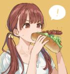  ! 1girl collarbone eating food highres hot_dog long_hair nail_polish original portrait red_eyes red_hair sako_(35s_00) sausage solo spoken_exclamation_mark twintails v-shaped_eyebrows yellow_background yellow_nails 