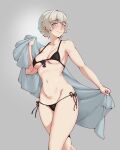  1girl bikini black_bikini blue_eyes blush breasts commentary eyebrows_visible_through_hair grey_background highres holding holding_towel looking_at_viewer meteora_osterreich midriff re:creators short_hair side-tie_bikini simple_background small_breasts solo standing swimsuit thwwshark towel white_hair 