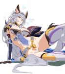  1girl animal_ears blue_hair breasts cleavage earrings erune eyelashes female_pubic_hair gloves granblue_fantasy heart heles jewelry large_breasts long_eyelashes long_hair looking_at_viewer nipples ponytail pubic_hair puffy_nipples pussy revision shino_(comic_penguin_club) shiny shiny_skin sitting solo sweat thighhighs toned very_long_hair yellow_eyes 