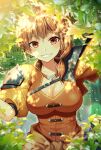  1girl :d armor artist_name bangs blush breasts brown_hair cleavage clothes_around_waist collarbone commentary_request dappled_sunlight day eyebrows_visible_through_hair fire_emblem fire_emblem:_three_houses grin hair_over_shoulder highres impossible_clothes impossible_shirt large_breasts leonie_pinelli lips looking_at_viewer low_ponytail open_mouth orange_shirt puffy_short_sleeves puffy_sleeves red_eyes sakura_tsubame shirt short_hair short_sleeves shoulder_armor smile solo sunlight teeth upper_body 
