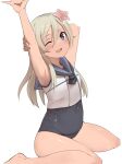  1girl arm_up armpits bare_arms bare_legs bare_shoulders barefoot black_swimsuit blonde_hair blue_eyes blue_sailor_collar blush eyebrows_visible_through_hair flower hair_between_eyes hair_flower hair_ornament highres honmakaina_kudou kantai_collection long_hair one-piece_swimsuit one_eye_closed open_mouth pink_flower ro-500_(kancolle) sailor_collar sailor_shirt school_swimsuit shirt simple_background sleeveless sleeveless_shirt smile solo swimsuit swimsuit_under_clothes white_background white_shirt 