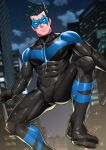 1boy batman_(series) black_bodysuit black_hair bodysuit boots closed_mouth dc_comics highres holding holding_weapon male_focus maorenc mask night night_sky nightwing outdoors sky smile solo spiked_hair toned toned_male weapon 