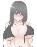  1girl absurdres bang_dream! bangs bare_shoulders bikini bikini_top black_bikini black_hair blush breasts breasts_apart collarbone commentary_request eyebrows_visible_through_hair front-tie_bikini front-tie_top halter_top halterneck head_tilt highres holding_strap large_breasts long_hair looking_at_viewer muted_color navel no_pupils parted_lips purple_eyes shirokane_rinko sidelocks simple_background solo stomach strap_lift swimsuit taasa tareme underboob untied untied_bikini upper_body wet wet_hair white_background 