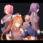  4girls blazer blue_skirt brown_hair commentary doki_doki_literature_club english_commentary green_eyes highres jacket knife long_hair looking_at_viewer mitsuwowwow monika_(doki_doki_literature_club) multiple_girls natsuki_(doki_doki_literature_club) noose pink_eyes pink_hair ponytail purple_hair ribbon rope sayori_(doki_doki_literature_club) school_uniform short_hair skirt white_ribbon yuri_(doki_doki_literature_club) 