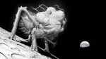  commentary earth_(planet) eldritch_abomination english_commentary giant giant_monster greyscale highres monochrome monster moon no_humans original outdoors planet space star_(sky) y_naf 