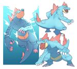  claws closed_mouth fangs fangs_out feraligatr gen_2_pokemon highres legs_apart looking_to_the_side morio_(poke_orio) multiple_views no_humans open_mouth pokemon pokemon_(creature) standing swimming symbol-only_commentary tongue yellow_eyes 