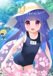  1boy 2girls bangs black_swimsuit blonde_hair blue_hair blunt_bangs brown_hair camera collarbone commentary_request eyebrows_visible_through_hair furude_rika gaou_(babel) hat heart heart_in_eye higurashi_no_naku_koro_ni holding holding_camera houjou_satoko innertube long_hair looking_at_viewer multiple_girls name_tag one-piece_swimsuit open_mouth purple_eyes school_swimsuit short_hair smile swimsuit symbol_in_eye tomitake_jirou white_headwear 