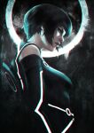  1girl absurdres black_bodysuit black_hair blue_eyes bodysuit breasts disc_(tron) elbow_gloves english_commentary eyelashes from_side gloves highres lips makeup mascara medium_breasts monori_rogue neon_trim nose quorra short_hair solo tron tron:_legacy upper_body 