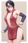  1girl absurdres armpits bangs bare_shoulders black_hair blush border boruto:_naruto_next_generations breasts closed_mouth collarbone commentary_request cowboy_shot detached_sleeves dress embarrassed forehead_protector glasses highres konohagakure_symbol looking_at_viewer medium_breasts mil_k_vanilla naruto_(series) navel no_bra no_panties open_clothes outside_border red-framed_eyewear short_hair sideless_outfit sleeveless solo uchiha_sarada unzipped white_background white_border zipper zipper_pull_tab 