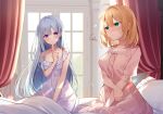  2girls anne-sophia_wynn_palletia bed blonde_hair blue_hair blush euphilia_magenta green_eyes kisaragi_yuri long_hair pajamas purple_eyes short_hair signed tensei_oujo_to_tensai_reijou_no_mahou_kakumei 