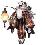  1girl alternate_costume black_kimono brown_eyes floral_print flower fox_mask full_body g11_(girls&#039;_frontline) girls&#039;_frontline grey_hair gun_case hair_flower hair_ornament japanese_clothes kimono lantern long_hair mask messy_hair nishiro_ryoujin official_alternate_costume official_art sandals slit socks solo tabi 