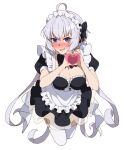  1girl @_@ ahoge alternate_costume blush breasts cleavage embarrassed enmaided eyebrows_visible_through_hair heart heart_hands large_breasts long_hair looking_at_viewer maid maid_headdress open_mouth purple_eyes senki_zesshou_symphogear shiny shiny_hair silver_hair simple_background smile solo tears thighhighs tsukamoto_kensuke white_background white_legwear yukine_chris 