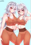  2girls alternate_costume asymmetrical_docking azur_lane blue_background blush bra breast_press breasts cleavage contrapposto cowboy_shot crossover eyebrows_visible_through_hair graf_zeppelin_(azur_lane) heidimarie_w._schnaufer high-waist_pants highres large_breasts long_hair medium_breasts midriff minxei multiple_girls orange_bra orange_pants pants red_eyes semi-rimless_eyewear simple_background sports_bra strike_witches underwear very_long_hair white_hair world_witches_series yoga_pants 