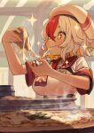  1girl absurdres blonde_hair blush cheese_trail eating eyebrows_visible_through_hair food hat highres holding holding_food holding_pizza moutama multicolored_hair nina_(moutama) original pizza pizza_slice red_eyes red_hair shorts smile solo steam upper_body white_hair 