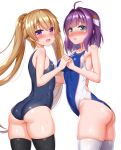  2girls ahoge ao_no_kanata_no_four_rhythm arisaka_mashiro ass black_legwear blonde_hair blue_swimsuit breasts competition_swimsuit green_eyes hair_ornament highres holding_hands ichinose_rika interlocked_fingers long_hair looking_at_viewer medium_breasts multiple_girls one-piece_swimsuit open_mouth purple_eyes purple_hair school_swimsuit simple_background skindentation small_breasts smile swimsuit thighhighs twintails two-tone_swimsuit wet white_background white_legwear white_swimsuit zirba 
