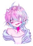  1other :d ahegao androgynous bangs blood blood_from_mouth blood_on_face blue_hoodie broken_horn demon demon_horns ear_piercing earrings eita_789 eyepatch eyeshadow_under_eye fangs gradient_hair head_tilt hood hoodie horns ibispaint_(medium) injury jewelry light_blue_hair light_purple_hair messy_hair multicolored_hair multiple_earrings open_mouth original pastel_colors piercing pink_hair pointy_ears portrait short_hair sketch slit_pupils slit_throat smile solo strap_slip tank_top upper_body white_background yellow_eyes 