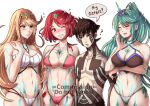  1boy 3girls bangs bikini black_hair blonde_hair blush breasts chest_jewel closed_eyes crossover earrings full-body_tattoo girl_sandwich gzei headpiece hitoshura jewelry large_breasts long_hair looking_at_viewer multiple_girls mythra_(xenoblade) navel pneuma_(xenoblade) ponytail pyra_(xenoblade) red_eyes red_hair sandwiched shin_megami_tensei shin_megami_tensei_iii:_nocturne shirtless short_hair simple_background smile swept_bangs swimsuit tattoo tiara watermark xenoblade_chronicles_(series) xenoblade_chronicles_2 yellow_eyes 
