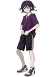  1boy alternate_costume bangs black_footwear black_hair black_pants checkered collared_shirt danganronpa_(series) danganronpa_v3:_killing_harmony flipped_hair full_body grin hair_between_eyes highres looking_at_viewer male_focus mori_(qqrocgetpxtrykr) multicolored_pants ouma_kokichi pants parted_lips purple_eyes shirt shoes short_hair short_sleeves simple_background smile sneakers solo standing teeth white_background white_footwear 