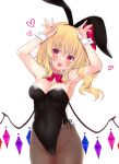  1girl :d \||/ alternate_costume animal_ears armpits arms_up bangs bare_shoulders black_leotard blonde_hair blush bow bowtie breasts bunny_pose cleavage commentary_request cowboy_shot crystal detached_collar eyebrows_visible_through_hair fake_animal_ears fake_tail fang flandre_scarlet groin hair_between_eyes hair_bow heart leotard long_hair looking_at_viewer medium_breasts one_side_up open_mouth pantyhose playboy_bunny rabbit_ears rabbit_tail red_bow red_eyes red_neckwear simple_background skin_fang smile solo strapless strapless_leotard tail tosakaoil touhou white_background wings wrist_cuffs 