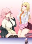  ... 3girls ahoge akamatsu_kaede bangs black_legwear black_ribbon black_shirt blonde_hair breast_conscious breast_envy breasts brown_hair brown_legwear collared_shirt danganronpa:_trigger_happy_havoc danganronpa_(series) danganronpa_2:_goodbye_despair danganronpa_v3:_killing_harmony dress_shirt eyebrows_visible_through_hair gradient gradient_background green_jacket hair_ornament hair_ribbon hand_up highres jacket kirigiri_kyouko large_breasts long_hair long_sleeves miniskirt multiple_girls musical_note musical_note_hair_ornament nanami_chiaki neck_ribbon necktie off_shoulder orange_neckwear pink_background pink_eyes pink_ribbon purple_eyes ribbon shiny shiny_hair shirt shirt_tucked_in skirt thighhighs two-tone_shirt undressing white_shirt xuni_guodu_(calrxaqp) 