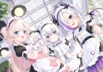  akumano_chipie aliasing amamori_naco apron aqua_eyes azuma_seren blanche_fleur blonde_hair blue_eyes blush bow breasts cat_smile cleavage fang gloves gray_hair headdress horns jimmy_madomagi long_hair maid purple_eyes short_hair twintails waitress white_hair wings 