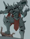  2others absurdres ambiguous_gender armor cape full_armor gauntlets glowing glowing_eyes greaves grey_background helmet highres holding holding_weapon league_of_legends looking_at_viewer mace mordekaiser multiple_others simple_background spiked_armor stepped_on weapon white-stew 