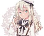  1girl alternate_costume black_ribbon black_sailor_collar blonde_hair commentary_request frilled_shirt frills grecale_(kancolle) green_eyes hat kantai_collection kukimaru long_hair long_sleeves looking_at_viewer neck_ribbon ribbon sailor_collar sailor_hat shirt solo suspenders upper_body wavy_hair white_background white_headwear white_shirt 